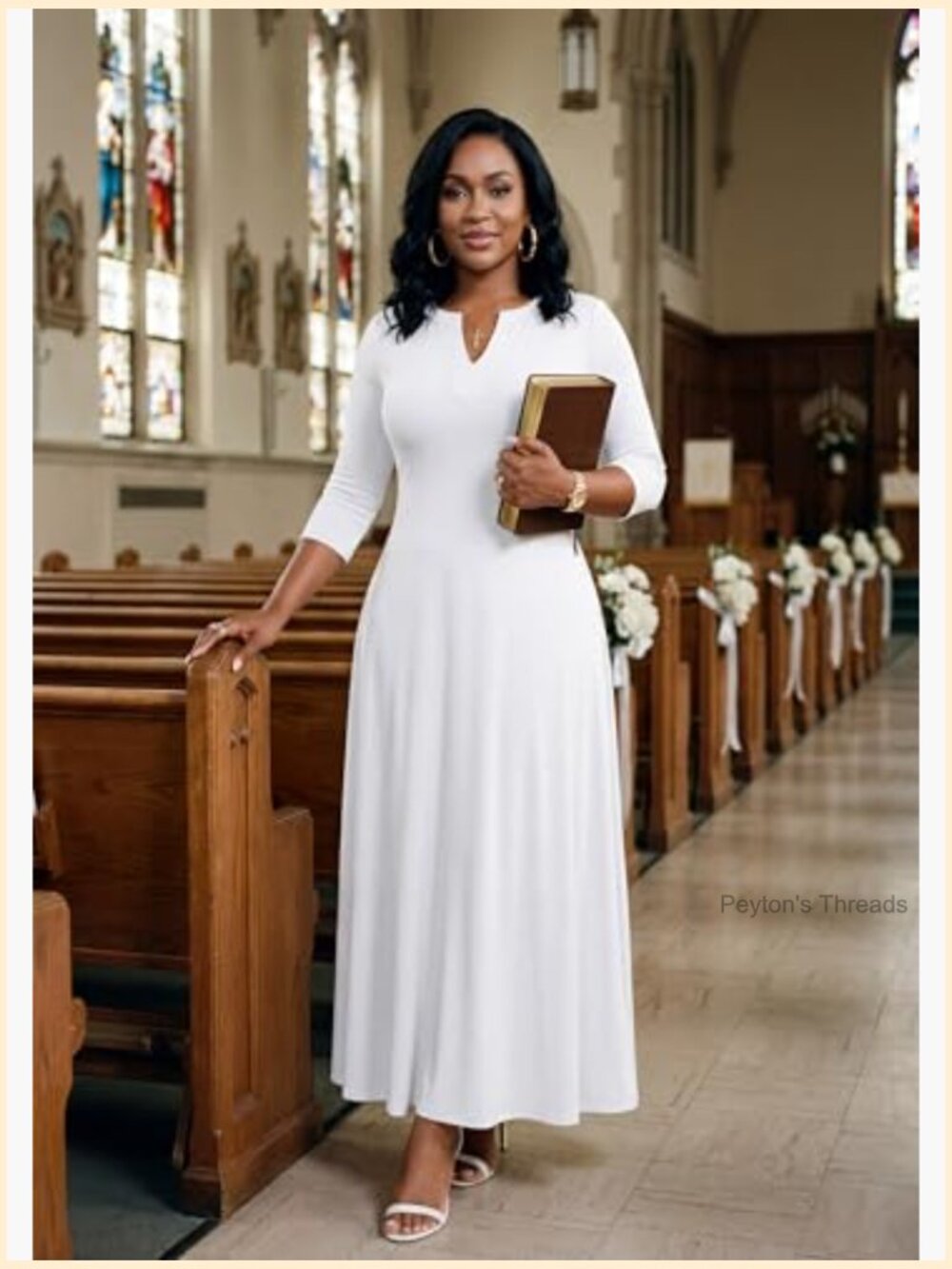 V-Neck 3/4 Sleeve Elegant Maxi Dress with Pockets Church Dresses - Picture 3 of 7